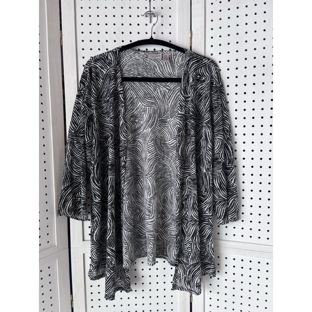 Chico's Open Front 3/4 SLV Stretch Cardigan Blouse Black‎ White Print Sz 3 / XL